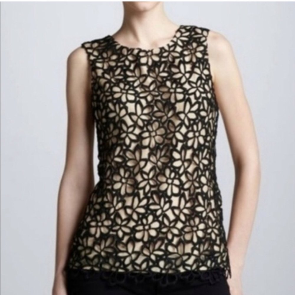 NEIMAN MARCUS LELA ROSE SILK CROCHET FLORAL TOP